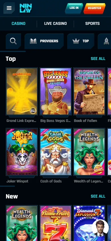 Ninlay Casino games screen on a mobile browser
