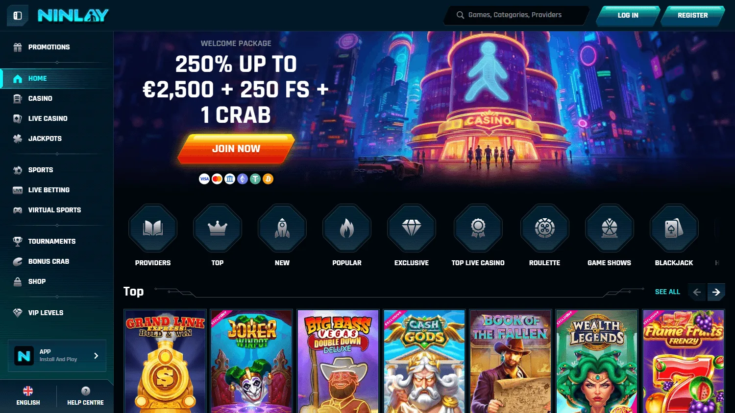Ninlay Casino home screen on desktop
