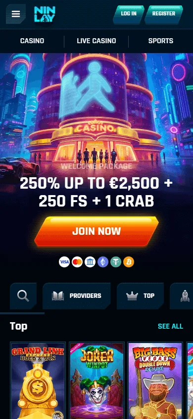 Ninlay Casino home screen on a mobile browser