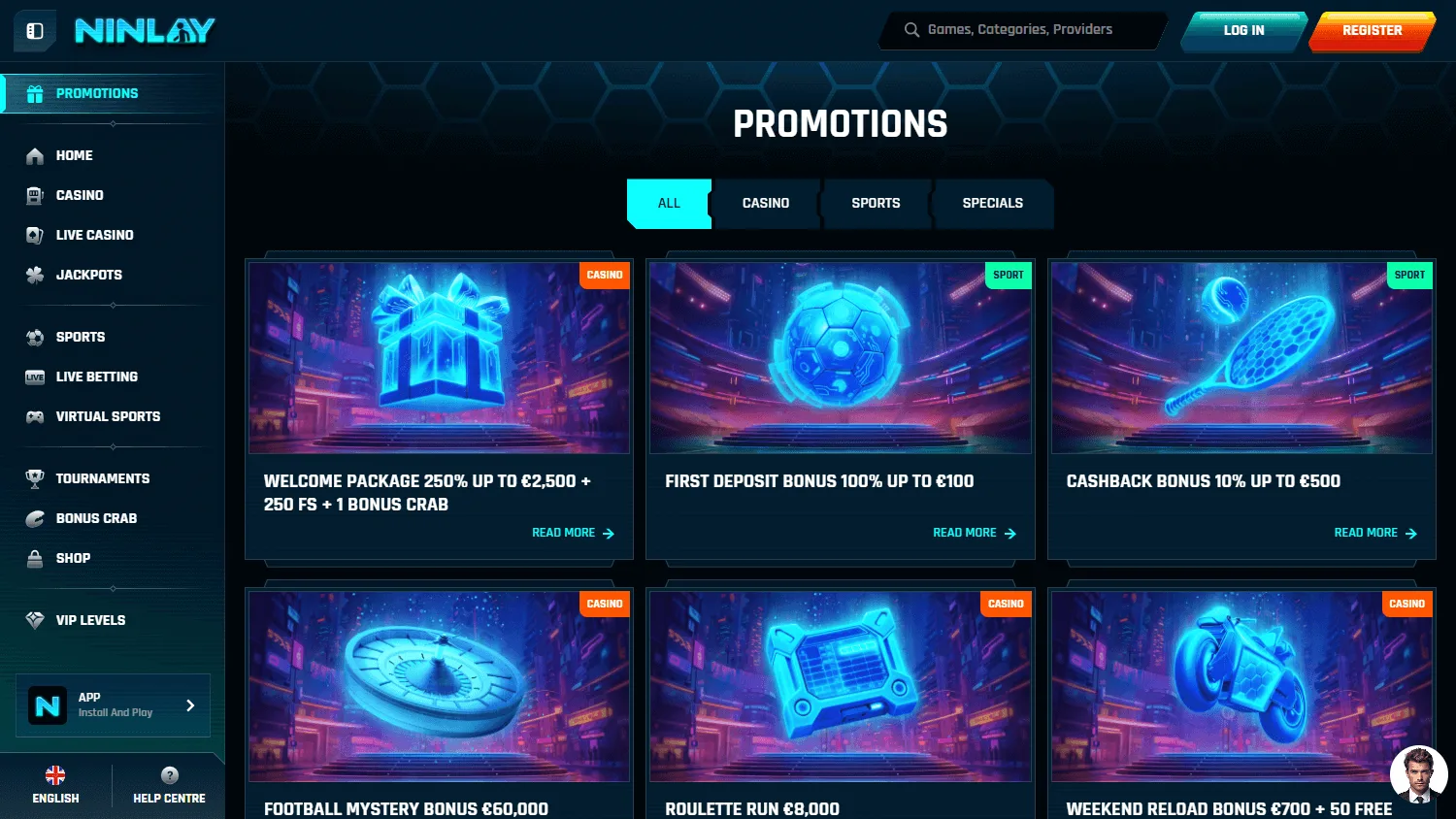 Ninlay Casino promotions screen on desktop